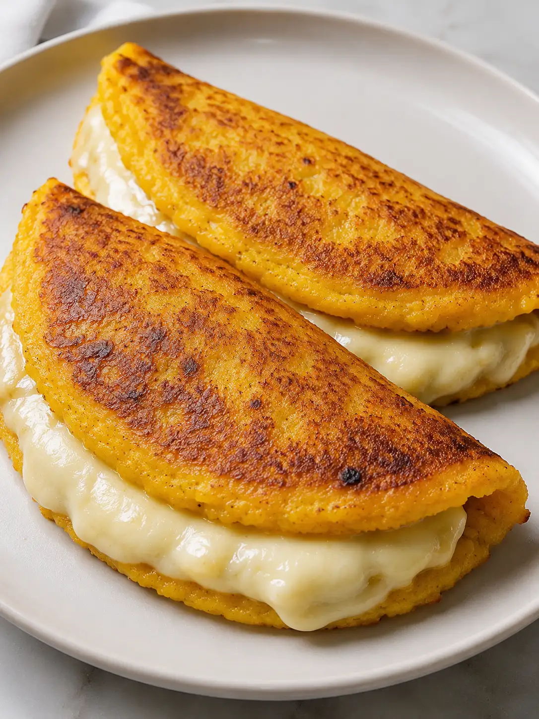 Folded Venezuelan cachapa with white cheese melting from the centre