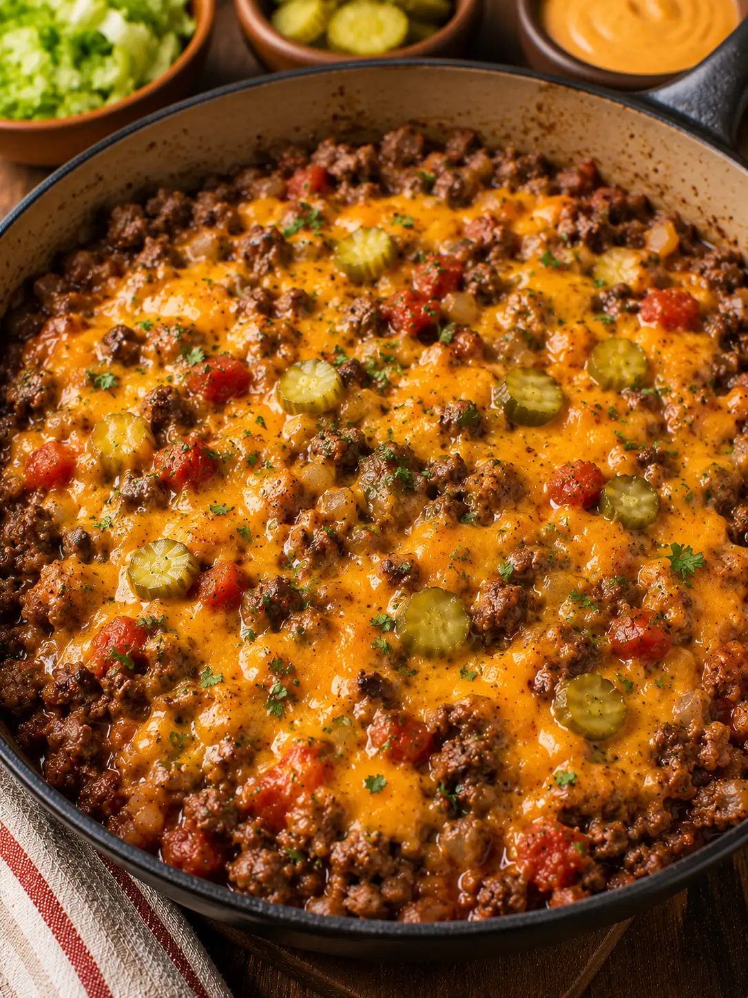 Cheeseburger skillet with ground beef, pasta, and melted cheddar