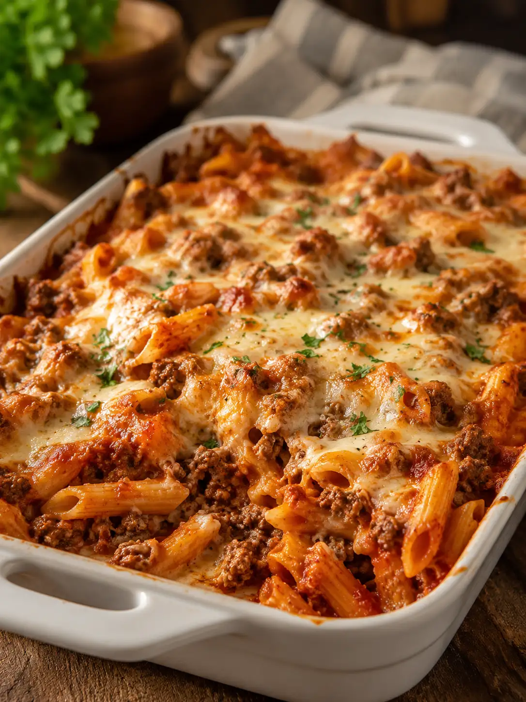 Ground beef pasta bake with melted cheese in a casserole dish